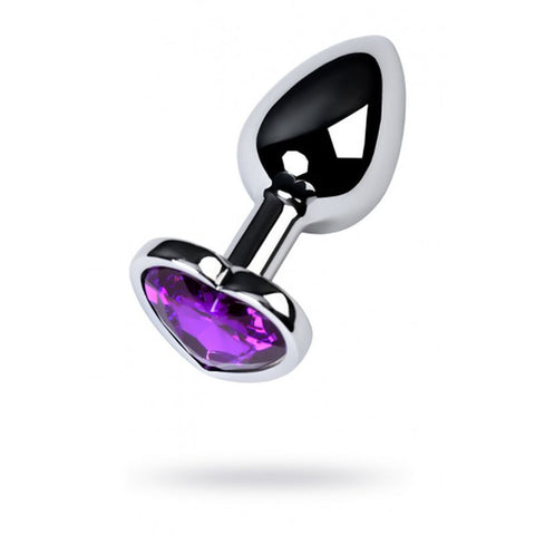 Silver Metal Anal Plug w Purple Heart Amethyst Crystal Small