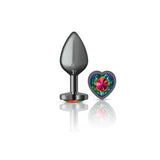 Cheeky Charms Gunmetal  Butt Plug w Heart Rainbow Jewel Medium